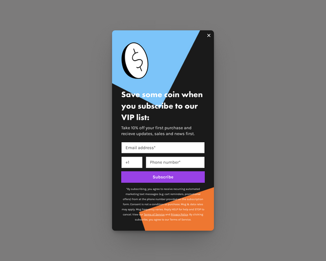 Screenshot of Subscribe to VIP list popup template