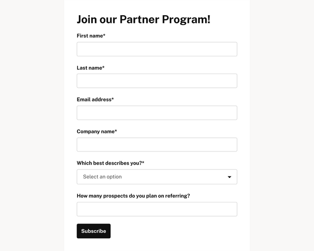 Screenshot of Partner program application template