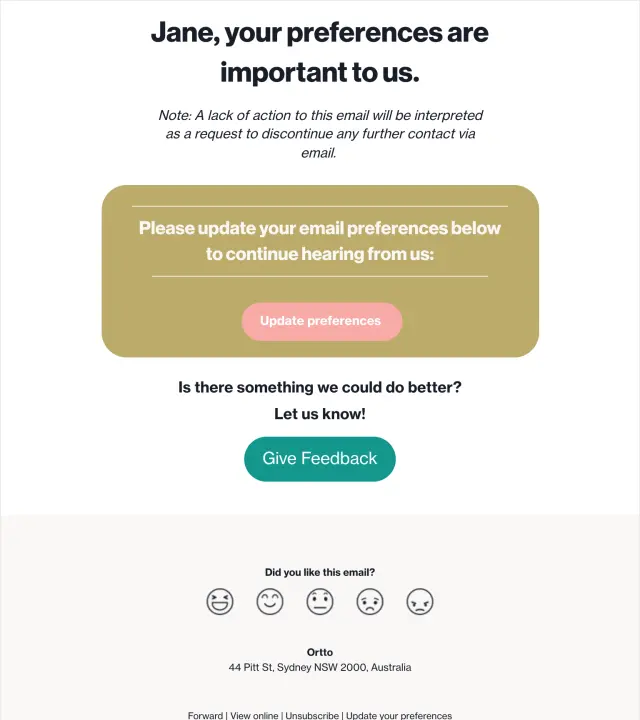 Screenshot of Email preference update template