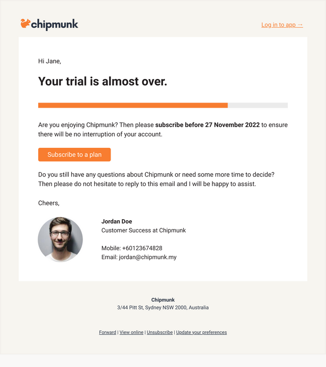 Screenshot of Trial expiration reminder template