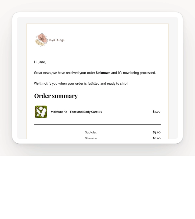 Screenshot of Shopify order confirmation template