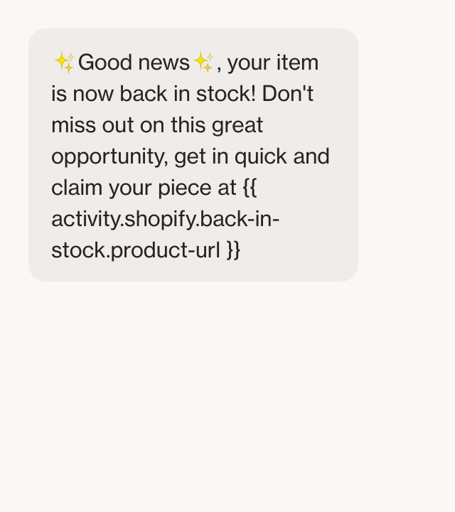 Screenshot of SMS back in stock notification template